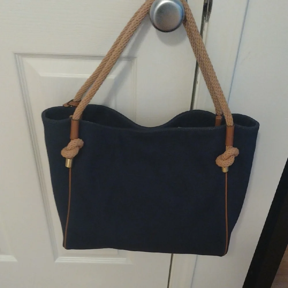 -Michael Kors Blue and Tan Tote with Signature MK Charm Rope Handles